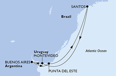 Brazílie, Uruguay, Argentina ze Santosu na lodi MSC Musica