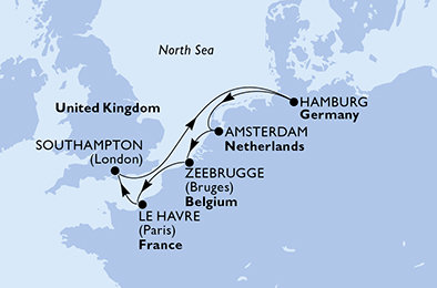 Velká Británie, Německo, Nizozemsko, Belgie, Francie ze Southamptonu na lodi MSC Preziosa
