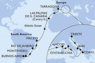 Uruguay, Argentina, Brazílie, Španělsko, Francie, Itálie, Řecko z Montevidea na lodi MSC Splendida