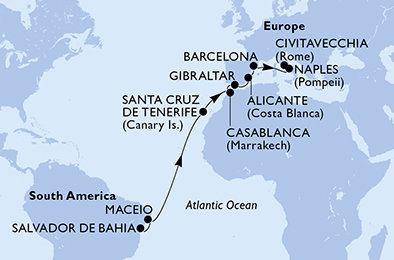 Brazílie, Španělsko, Maroko, Velká Británie, Itálie ze Salvadoru na lodi MSC Divina