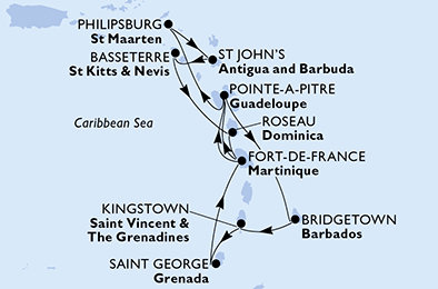 Barbados, Svatý Vincenc a Grenadiny, Grenada, Martinik, Guadeloupe, Svatý Martin, Antigua a Barbuda, Svatý Kryštof a Nevis, Dominika z Bridgetownu na lodi MSC Seaview