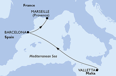 Malta, Španělsko, Francie z Valletty na lodi MSC World Europa