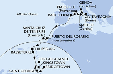 Itálie, Francie, Španělsko, Svatý Martin, Svatý Kryštof a Nevis, Svatý Vincenc a Grenadiny, Barbados, Grenada, Martinik z Janova na lodi MSC Seaview