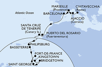 Itálie, Francie, Španělsko, Svatý Martin, Svatý Kryštof a Nevis, Svatý Vincenc a Grenadiny, Barbados, Grenada, Martinik z Civitavecchia na lodi MSC Seaview