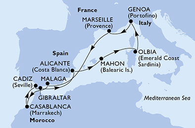Španělsko, Itálie, Francie, Maroko, Velká Británie z Alicante na lodi MSC Sinfonia