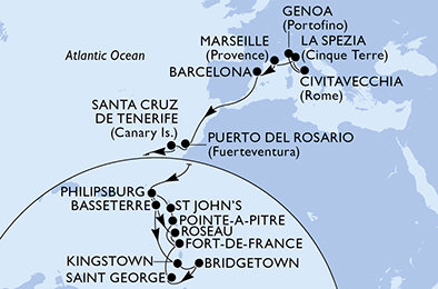 Itálie, Francie, Španělsko, Svatý Martin, Svatý Kryštof a Nevis, Svatý Vincenc a Grenadiny, Barbados, Grenada, Martinik, Guadeloupe, Antigua a Barbuda, Dominika z Janova na lodi MSC World Europa