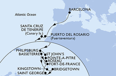 Španělsko, Svatý Martin, Svatý Kryštof a Nevis, Svatý Vincenc a Grenadiny, Barbados, Grenada, Martinik, Guadeloupe, Antigua a Barbuda, Dominika z Barcelony na lodi MSC World Europa
