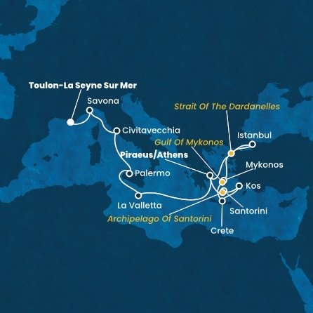 Francie, Itálie, Malta, Řecko, , Turecko z Toulonu na lodi Costa Fortuna