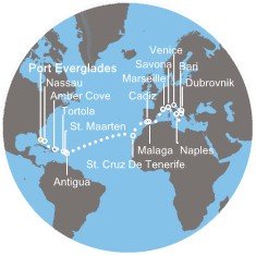 Bahamy, Velká Británie, Nizozemsko, Antigua a Barbuda, Španělsko, Francie, Itálie, Chorvatsko na lodi Costa Deliziosa