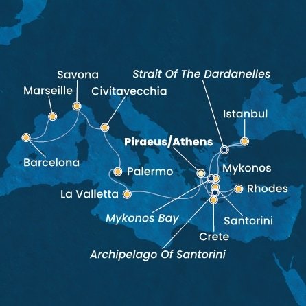 Řecko, Turecko, Malta, Itálie, Španělsko, Francie z Pirea na lodi Costa Fortuna