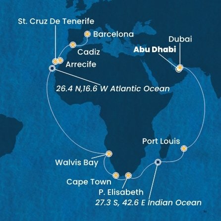Spojené arabské emiráty, Mauricius, Jihoafrická republika, Namibie, Španělsko z Abu Dhabi na lodi Costa Toscana