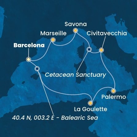 Španělsko, Tunisko, Itálie, Francie z Barcelony na lodi Costa Smeralda