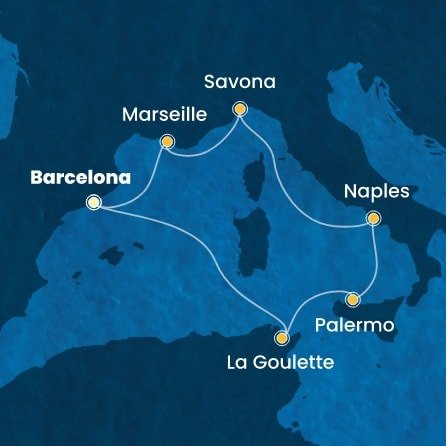 Španělsko, Francie, Itálie, Tunisko z Barcelony na lodi Costa Pacifica