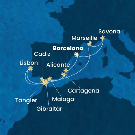 Španělsko, Maroko, Velká Británie, Portugalsko, Francie, Itálie z Barcelony na lodi Costa Diadema
