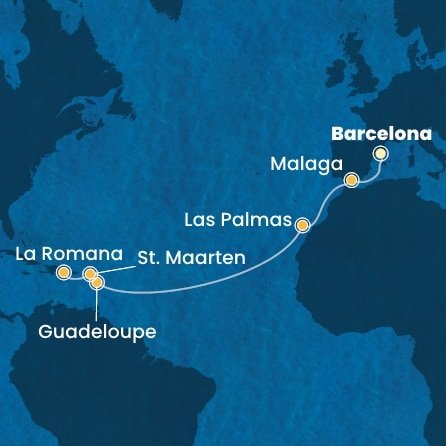 Španělsko, Guadeloupe, Svatý Martin, Dominikánská republika z Barcelony na lodi Costa Fascinosa