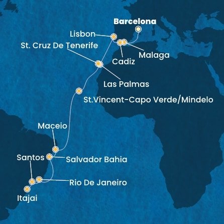 Španělsko, Portugalsko, Kapverdy, Brazílie z Barcelony na lodi Costa Diadema