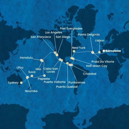 Španělsko, Portugalsko, USA, Bahamy, Panama, Kostarika, Guatemala, Mexiko, Francouzská Polynésie, Fidži, Nová Kaledonie, Austrálie z Barcelony na lodi Costa Deliziosa