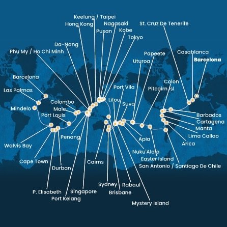 Španělsko, Maroko, Barbados, Kolumbie, Panama, Ekvádor, Peru, Chile, Zámořské území Velké Británie, Francouzská Polynésie, Zámořské společenství Francie, Samoa, Tonga, Fidži, Vanuatu, Nová Kaledonie, Austrálie, Papua Nová Guinea, Japonsko, Jižní Korea, Tchaj-wan, Čína, Vietnam, Singapur, Malajsie, Srí Lanka, Maledivy, Mauricius, Jihoafrická republika, Namibie, Kapverdy z Barcelony na lodi Costa Deliziosa
