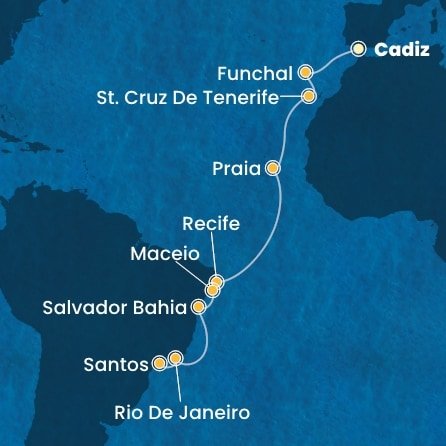 Španělsko, Portugalsko, Kapverdy, Brazílie z Cadizu na lodi Costa Favolosa