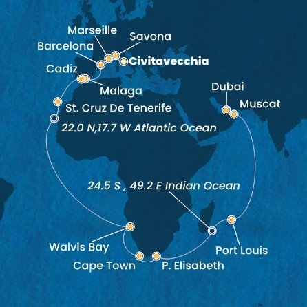 Itálie, Francie, Španělsko, Namibie, Jihoafrická republika, Mauricius, Omán, Spojené arabské emiráty z Civitavecchia na lodi Costa Smeralda