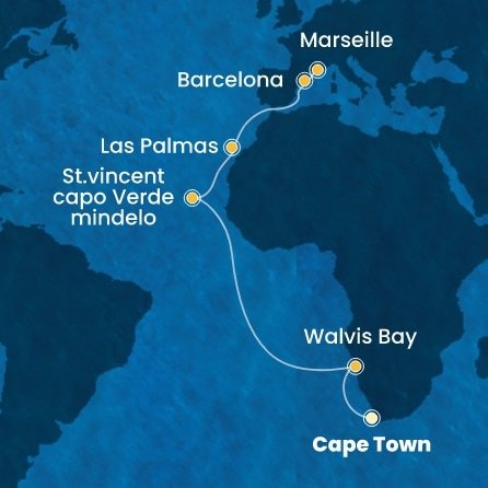 Jihoafrická republika, Namibie, Kapverdy, Španělsko, Francie z Kapského Města na lodi Costa Deliziosa