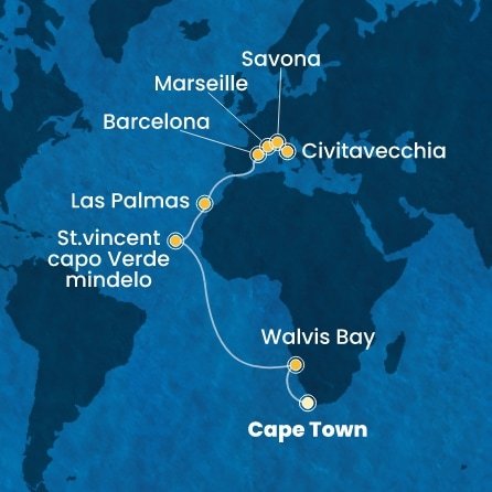 Jihoafrická republika, Namibie, Kapverdy, Španělsko, Francie, Itálie z Kapského Města na lodi Costa Deliziosa