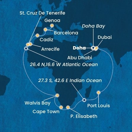 Katar, Spojené arabské emiráty, Mauricius, Jihoafrická republika, Namibie, Španělsko, Itálie z Dohy na lodi Costa Toscana