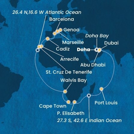 Katar, Spojené arabské emiráty, Mauricius, Jihoafrická republika, Namibie, Španělsko, Itálie, Francie z Dohy na lodi Costa Toscana