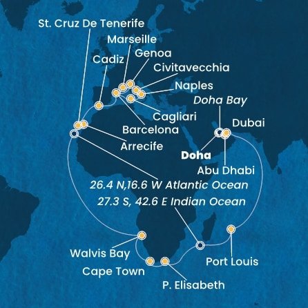 Katar, Spojené arabské emiráty, Mauricius, Jihoafrická republika, Namibie, Španělsko, Itálie, Francie z Dohy na lodi Costa Toscana