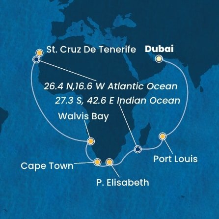 Spojené arabské emiráty, Mauricius, Jihoafrická republika, Namibie, Španělsko z Dubaje na lodi Costa Smeralda