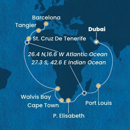 Spojené arabské emiráty, Mauricius, Jihoafrická republika, Namibie, Španělsko, Maroko z Dubaje na lodi Costa Smeralda