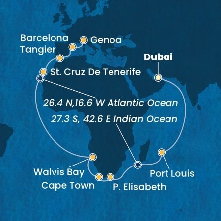 Spojené arabské emiráty, Mauricius, Jihoafrická republika, Namibie, Španělsko, Maroko, Itálie z Dubaje na lodi Costa Smeralda