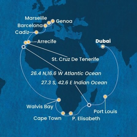 Spojené arabské emiráty, Mauricius, Jihoafrická republika, Namibie, Španělsko, Itálie, Francie z Dubaje na lodi Costa Toscana