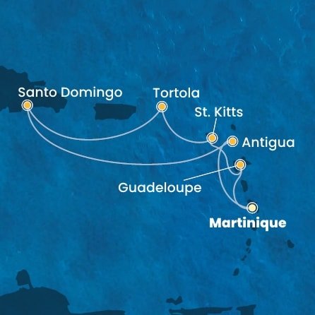 Martinik, Guadeloupe, Svatý Kryštof a Nevis, Britské Panenské ostrovy, Dominikánská republika, Antigua a Barbuda z Fort-de-France, Martinik na lodi Costa Favolosa