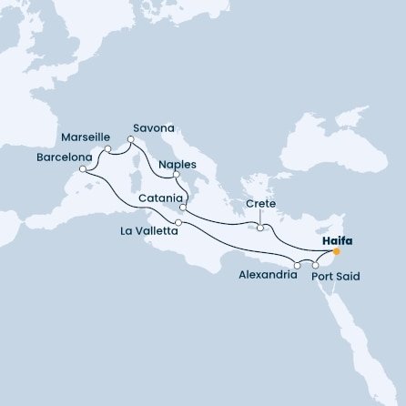 Izrael, Egypt, Malta, Španělsko, Francie, Itálie, Řecko z Haify na lodi Costa Pacifica