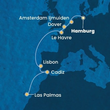 Německo, Nizozemsko, Velká Británie, Francie, Portugalsko, Španělsko z Hamburku na lodi Costa Favolosa