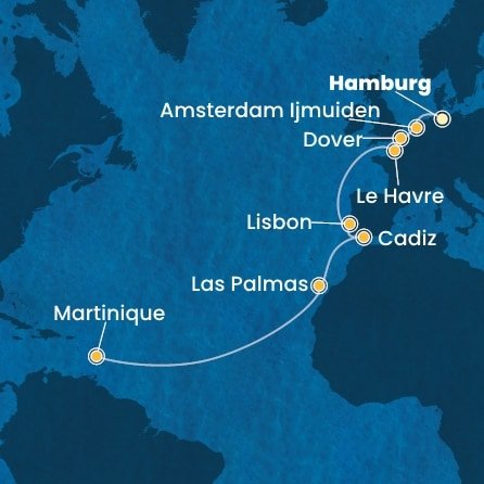 Německo, Nizozemsko, Velká Británie, Francie, Portugalsko, Španělsko, Martinik z Hamburku na lodi Costa Favolosa