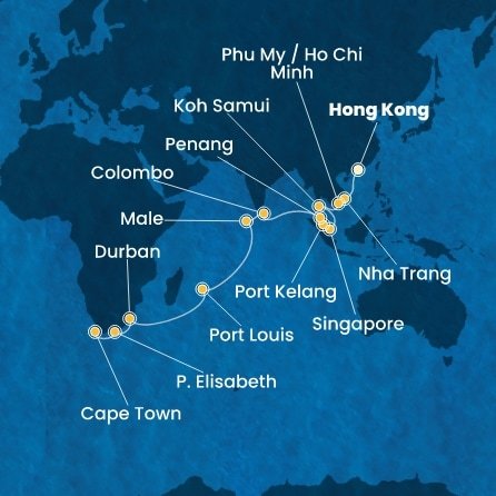 Čína, Vietnam, Thajsko, Singapur, Malajsie, Srí Lanka, Maledivy, Mauricius, Jihoafrická republika z Hong Kongu na lodi Costa Deliziosa