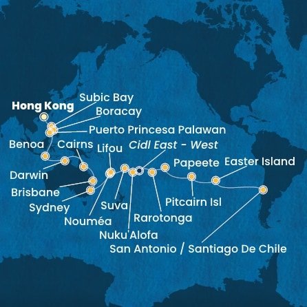 Čína, Filipíny, Indonésie, Austrálie, Nová Kaledonie, Fidži, Tonga, , Cookovy ostrovy, Francouzská Polynésie, Zámořské území Velké Británie, Chile z Hong Kongu na lodi Costa Serena