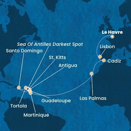 Francie, Portugalsko, Španělsko, Martinik, Guadeloupe, Svatý Kryštof a Nevis, Antigua a Barbuda, Britské Panenské ostrovy, Dominikánská republika z Le Havru na lodi Costa Favolosa