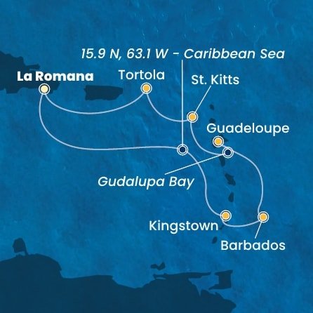 Dominikánská republika, Svatý Vincenc a Grenadiny, Barbados, Guadeloupe, Svatý Kryštof a Nevis, Britské Panenské ostrovy z La Romany na lodi Costa Pacifica