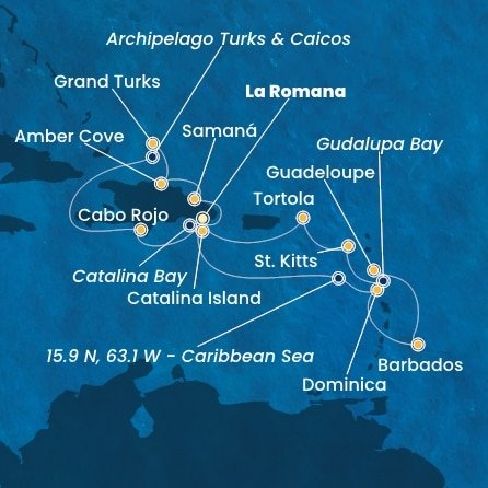 Dominikánská republika, Zámořské území Velké Británie, USA, Dominika, Barbados, Guadeloupe, Svatý Kryštof a Nevis, Britské Panenské ostrovy z La Romany na lodi Costa Pacifica