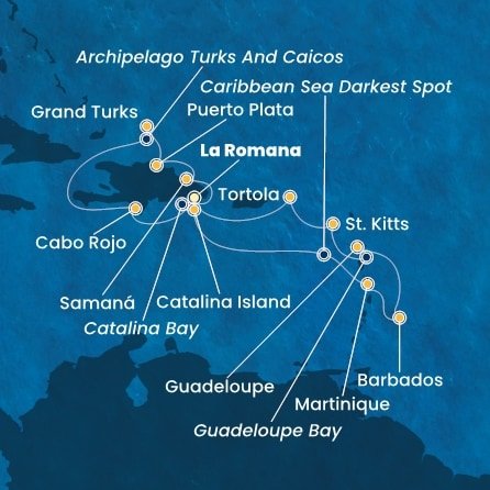 Dominikánská republika, Martinik, Barbados, Guadeloupe, Svatý Kryštof a Nevis, Britské Panenské ostrovy, Zámořské území Velké Británie z La Romany na lodi Costa Fascinosa
