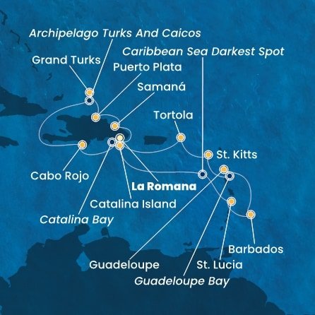 Dominikánská republika, Zámořské území Velké Británie, Svatá Lucie, Barbados, Guadeloupe, Svatý Kryštof a Nevis, Britské Panenské ostrovy z La Romany na lodi Costa Fascinosa
