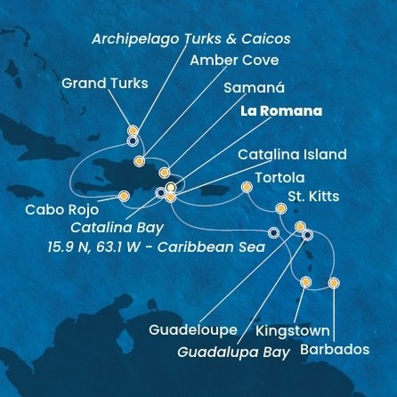 Dominikánská republika, Zámořské území Velké Británie, Svatý Vincenc a Grenadiny, Barbados, Guadeloupe, Svatý Kryštof a Nevis, Britské Panenské ostrovy z La Romany na lodi Costa Fascinosa
