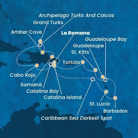 Dominikánská republika, Svatá Lucie, Barbados, Guadeloupe, Svatý Kryštof a Nevis, Britské Panenské ostrovy, Zámořské území Velké Británie z La Romany na lodi Costa Pacifica
