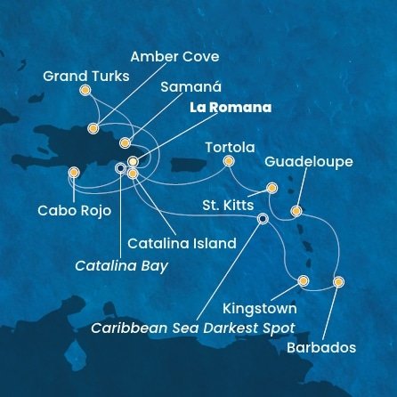Dominikánská republika, Svatý Vincenc a Grenadiny, Barbados, Guadeloupe, Svatý Kryštof a Nevis, Britské Panenské ostrovy, Zámořské území Velké Británie z La Romany na lodi Costa Pacifica