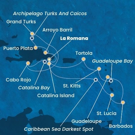 Dominikánská republika, Svatá Lucie, Barbados, Guadeloupe, Svatý Kryštof a Nevis, Britské Panenské ostrovy, Zámořské území Velké Británie z La Romany na lodi Costa Fascinosa