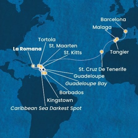 Dominikánská republika, Svatý Vincenc a Grenadiny, Barbados, Guadeloupe, Svatý Kryštof a Nevis, Britské Panenské ostrovy, Svatý Martin, Španělsko, Maroko z La Romany na lodi Costa Fascinosa