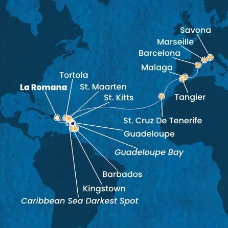 Dominikánská republika, Svatý Vincenc a Grenadiny, Barbados, Guadeloupe, Svatý Kryštof a Nevis, Britské Panenské ostrovy, Svatý Martin, Španělsko, Maroko, Francie, Itálie z La Romany na lodi Costa Fascinosa